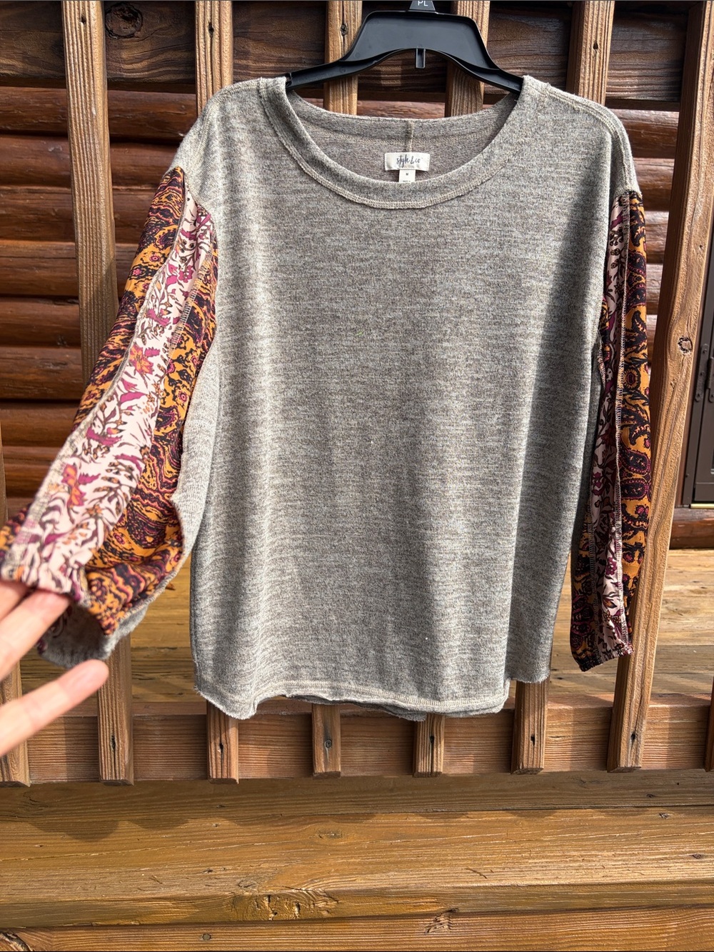 Ladies Soft taupe Pullover with Paisley Print Sleeves - Women Tops
